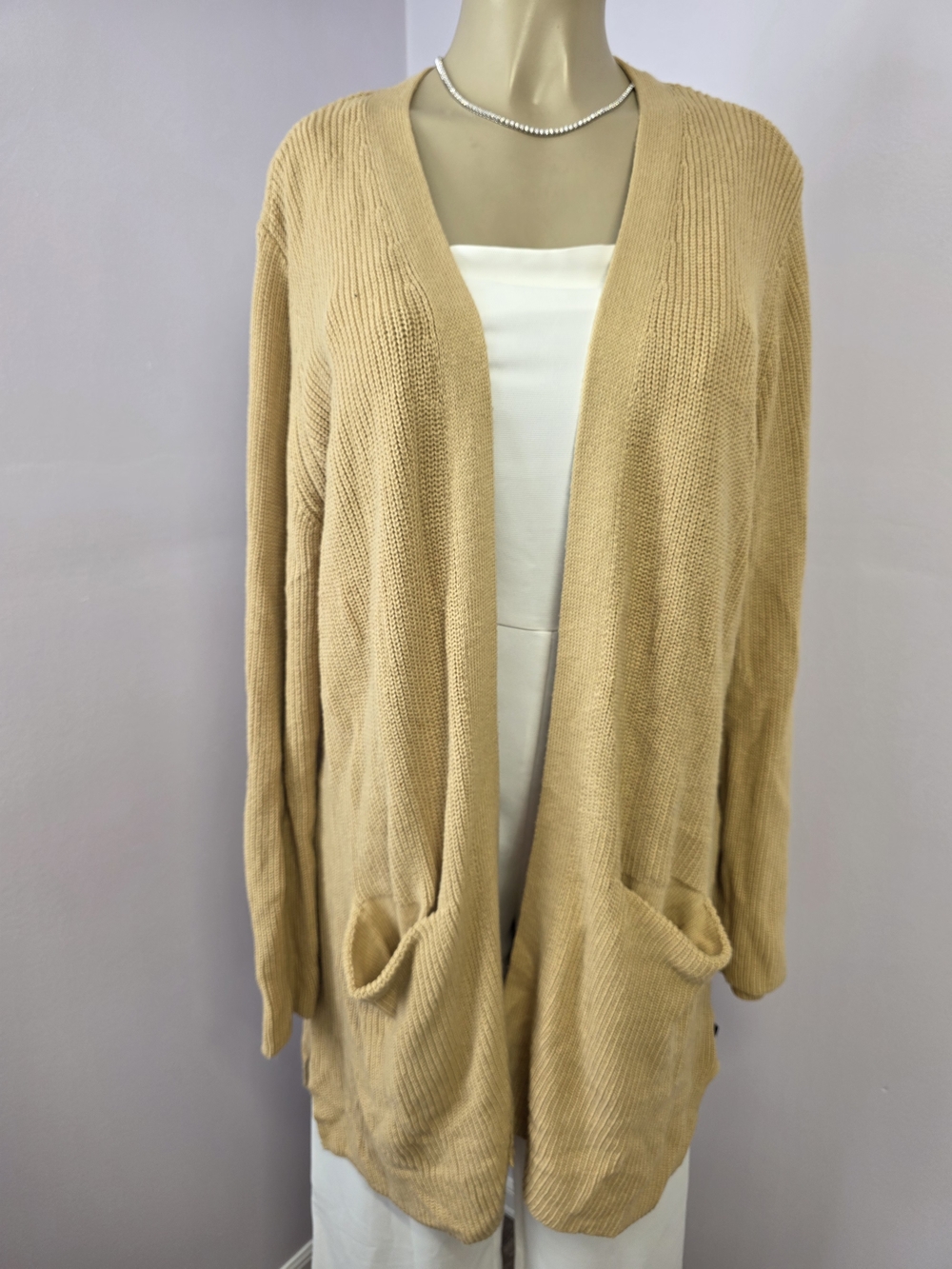 GAP Women’s Beige Musard Knit Open Cardigan Sweater, V-Neck, Long Sleeve, XL